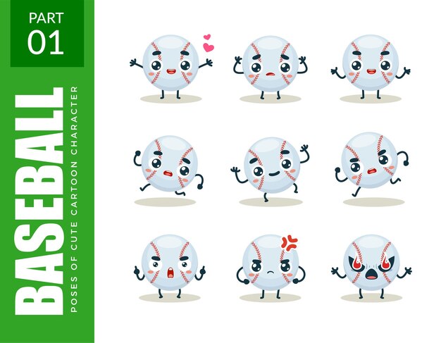 Emoticon-Set von Baseball. Erstes Set. Vektorillustration