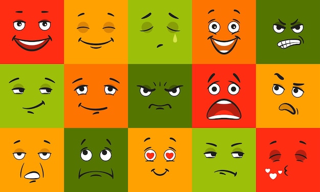 Emoticons mit unterschiedlichen Stimmungen und Emotionen. Vektorillustrationen von niedlichen Charakteren für Avatare. Cartoon-Farbsammlung abstrakter Gesichter mit Augen und Mund. Smiley, Karikaturkonzept