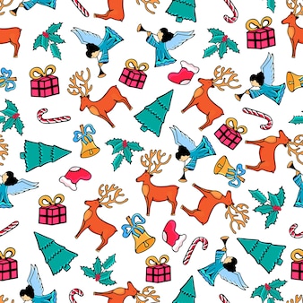 Engel hirsch mistel glocke weihnachten nahtlose muster design für das neue jahr im doodle-stil