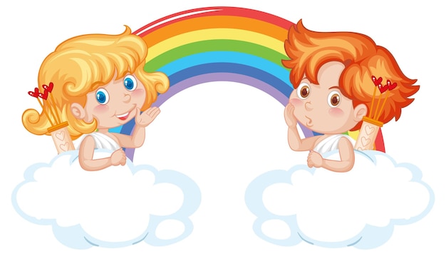 Kostenloser Vektor engel junge und mädchen mit regenbogen im cartoon-stil