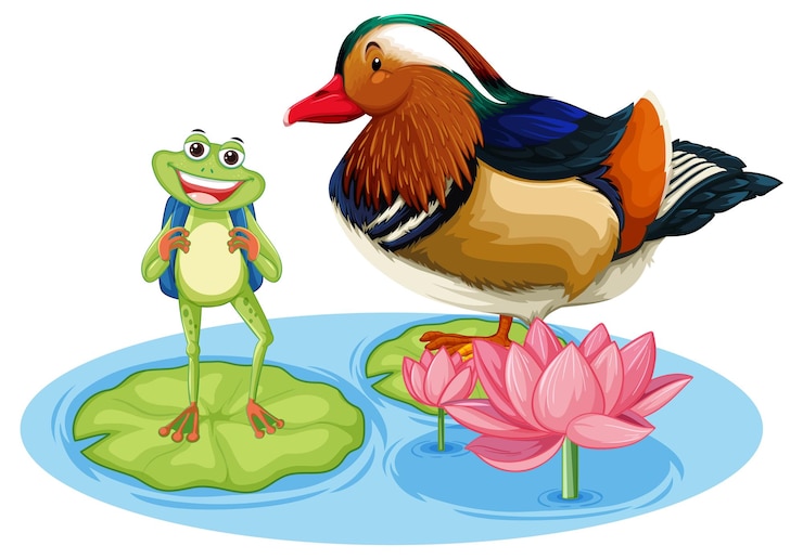 Kostenlose Vektor ente und grüner frosch auf lotusblättern