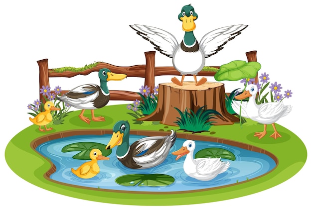 Entenfamilie im Teich Kostenlose Vektor