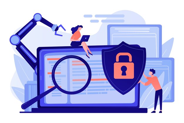 Entwickler, Roboter arbeiten am Laptop mit Lupe. Industrielle Cybersicherheit, Malware für Industrierobotik, Schutz des Konzepts der Industrierobotik