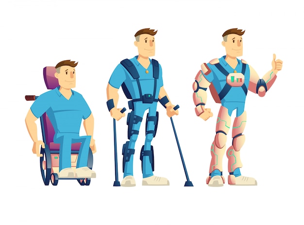 Kostenloser Vektor entwicklung von exoskeletten für die karikatur von behinderten