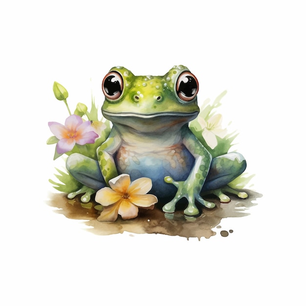 Kostenloser Vektor entzückender baby-frosch mit blumen-aquarell-illustration zum lernen für kinder