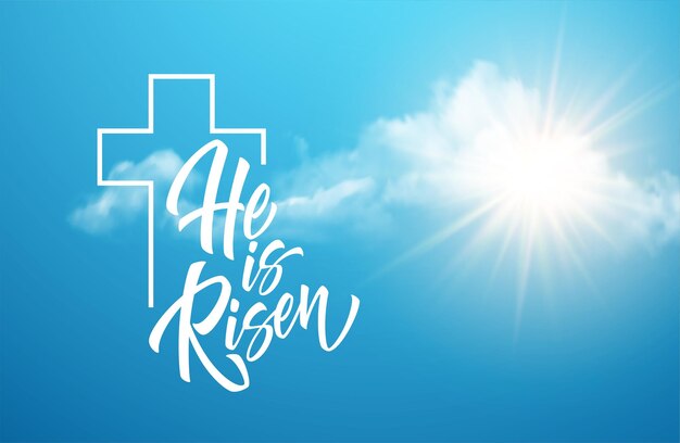 Er wurde vor dem Hintergrund von Wolken und Sonne wiederbelebt. Hintergrund für Glückwünsche zur Auferstehung Christi. Vektorillustration EPS10