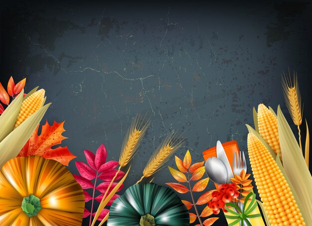 Erntedankfesthintergrund mit mehrfarbigem 3d und realistischen Kürbissen und orange Blättern Vektorillustration
