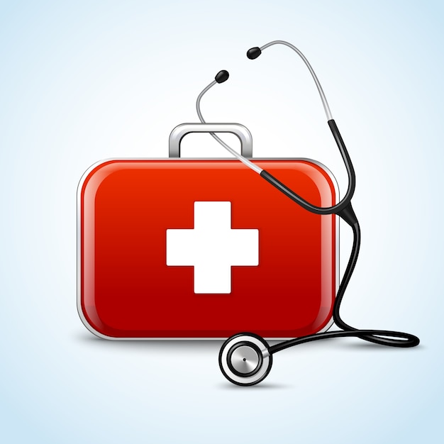 Erste Hilfe Gesundheitswesen Konzept mit medizinischen Box und Stethoskop Vektor-Illustration
