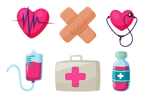 Erste-Hilfe-Pflegesymbole für medizinische Notfälle, die mit Herzpillenthermometer Vektorillustration eingestellt sind