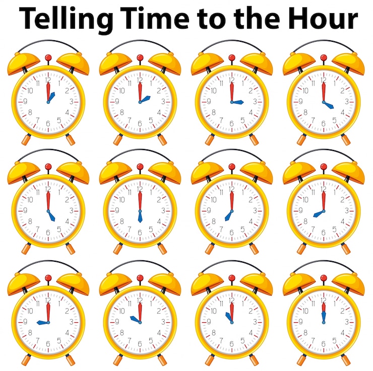 Kostenlose Vektor erzählen sie die zeit auf die stunde auf der gelben uhr