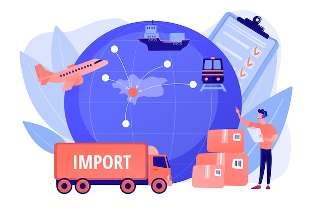 Etablierte internationale Handelswege. Verkauf von Waren nach Übersee. Exportkontrolle, exportkontrollierte Materialien, Konzept für Exportlizenzierungsdienste. Isolierte Illustration des rosa Korallenblauvektors