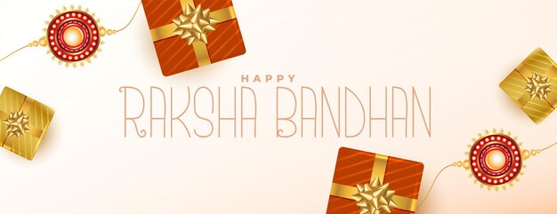 Ethnisches Raksha-Bandhan-Festivalbanner mit Geschenkboxen und Rakhi-Design