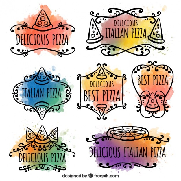 Etiketten Fur Pizza Mit Aquarell Gemalt Kostenlose Vektor