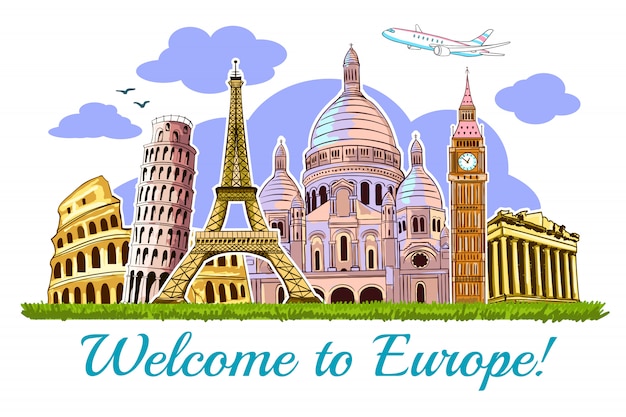 Kostenloser Vektor europa-gebäude-reiseillustrationskarte