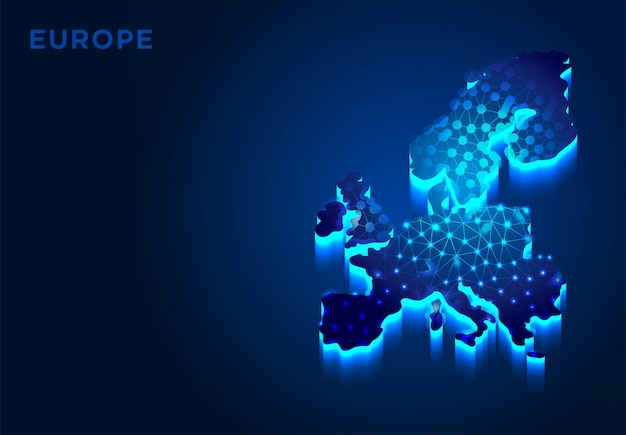 Europa-Kontinent in blauer Silhouette Abstrakte Low-Poly-Designs aus Linien- und Punkt-Drahtgitter-Vektorillustration