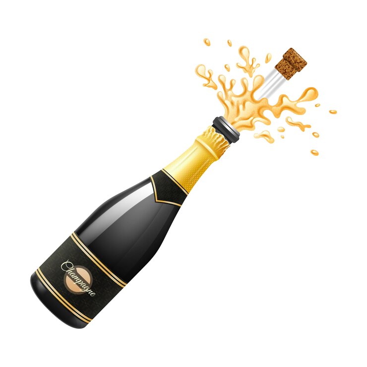 Explosion einer schwarzen Champagnerflasche mit Kork und Spritzen