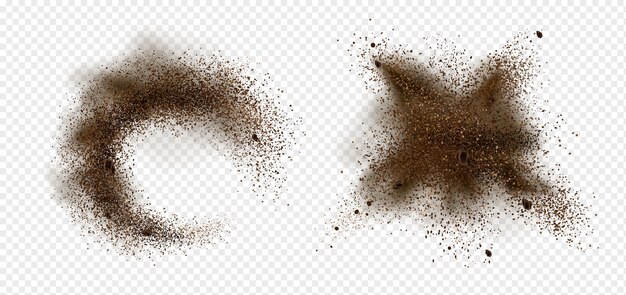 Explosion von Kaffeebohnen und Pulver. realistische Illustration von zerkleinerten gerösteten gemahlenen Kaffee- und Arabica-Kornstücken mit Spritzer braunen Staubes lokalisiert auf transparentem Hintergrund