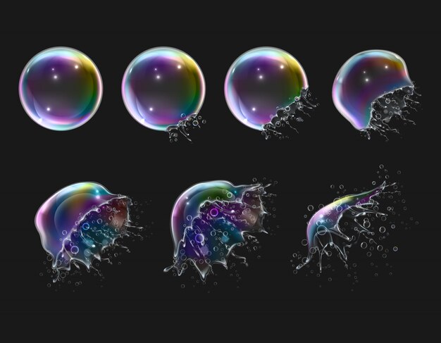 Explosionsstadien von realistischen glänzenden runden Regenbogenseifenblasen auf Schwarz isoliert