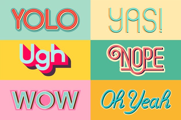 Expressions und Onomatopoeias Schriftzug Sammlung im Retro-Stil