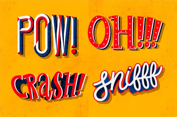 Kostenlose Vektor expressions und onomatopoeias schriftzug sammlung im retro-stil