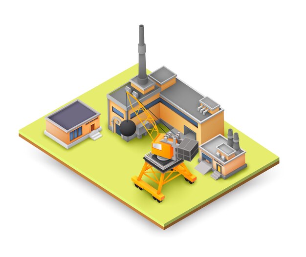 Fabrikobjekt-Entwurfskonzept auf gelber Tafel mit Industriekonstruktionen, farbigen Gebäuden, Hebezeugen und verschiedenen Objektkonzept