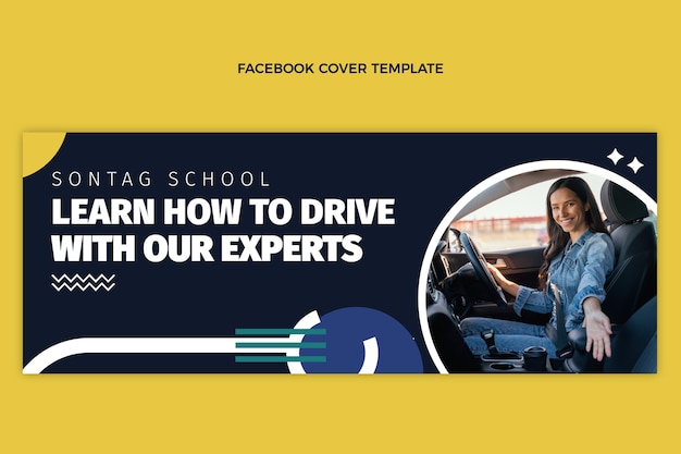 Kostenloser Vektor facebook-cover der fahrschule im flachen design