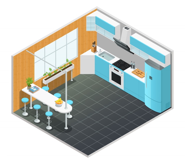 Färben Sie isometrisches Design des Kücheninnenraums mit hoher Tabelle und Geräten vector Illustration