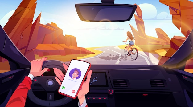 Kostenloser Vektor fahrer im auto hält telefon in der hand auf wüstenstraße, cartoon-hintergrundillustration, windschutzscheibenansicht einer frau, die fahrrad in canyon highway fährt. schnittstelle für mobile anrufe und lenkung an sonnigen tagen