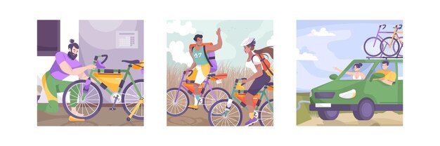 Fahrradtourismus-Illustrationsset mit Autofahrt zu Fuß und Reisegebühren