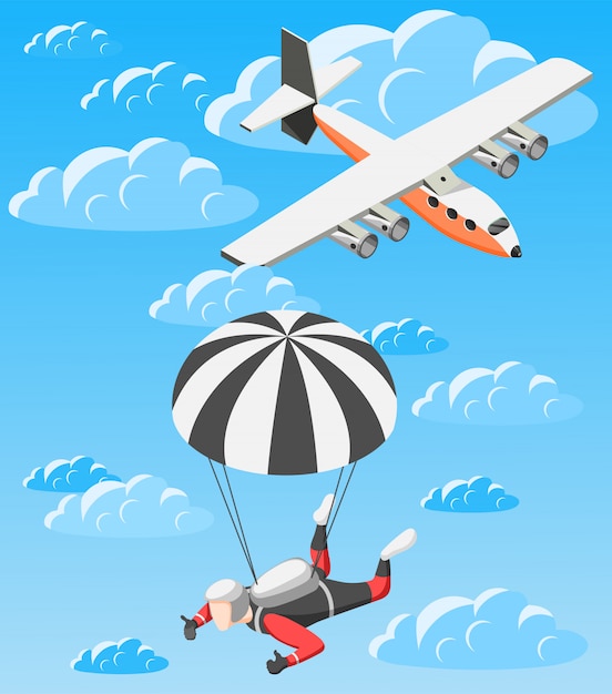 Kostenloser Vektor fallschirmspringende person und flugzeug