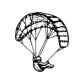Fallschirmspringer, extrem, fallschirmspringen, sport, fliegenkonzept. handgezeichneter fallschirmspringer auf einer sportfallschirm-konzeptskizze. isolierte vektor-illustration.