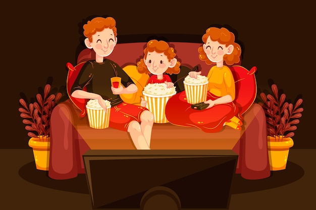 Familie, die einen film auf ihrem sofa sieht