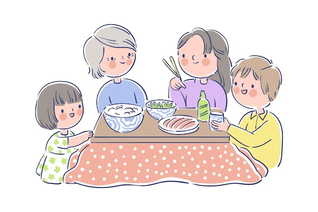 Kostenloser Vektor familie, die um einen kotatsu-tisch isst