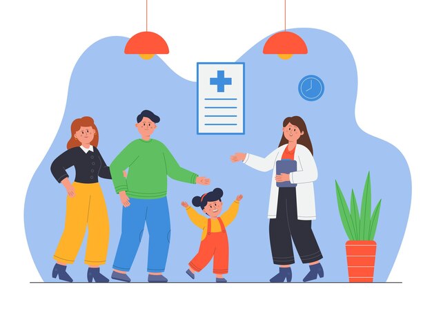 Familie mit Kind, die eine flache Vektorillustration des Kinderarztes besucht. Mutter und Vater kümmern sich um die Gesundheit des Kindes und sprechen mit dem Arzt im Büro. Therapeut stellt dem Patienten eine Diagnose. Krankenhauskonzept