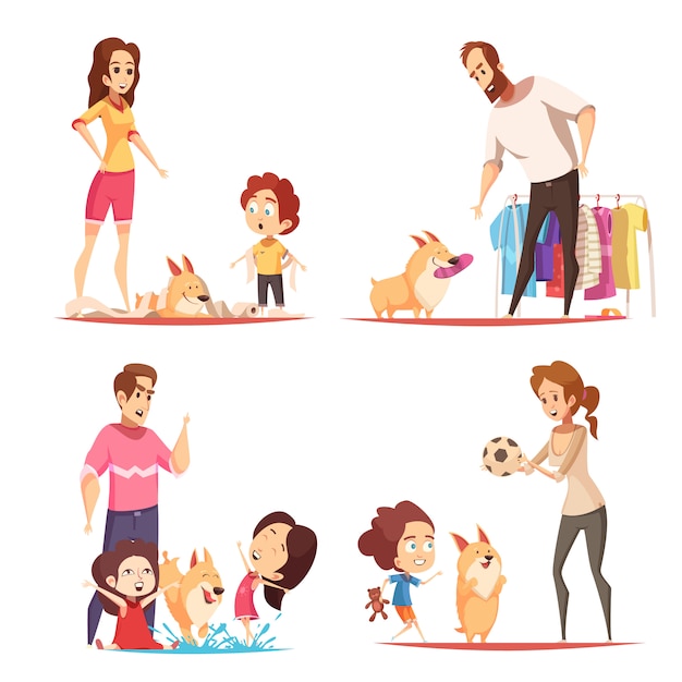 Familie mit lieblingswelpen während des spielers, illustration
