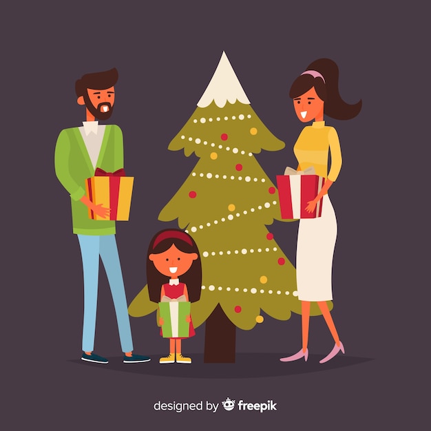 Kostenloser Vektor familie mit weihnachtsbaumweihnachtshintergrund