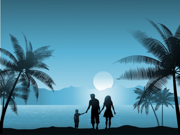 Familie zu fuß am strand in der nacht