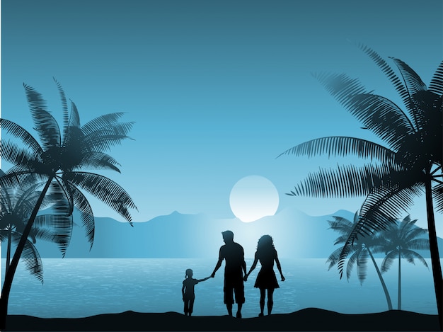 Familie zu Fuß am Strand in der Nacht