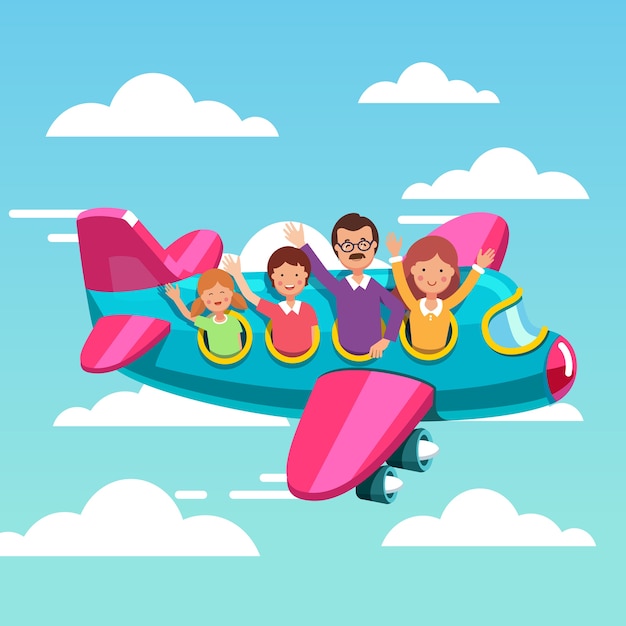Familien-Touristen reisen auf Flugzeug zusammen