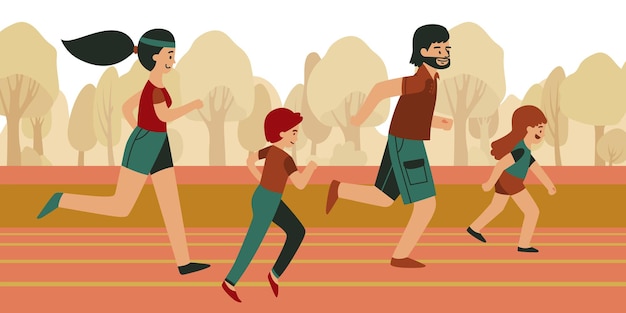 Familienfitnesskomposition mit outdoor-landschaft der laufstrecke mit familienmitgliedern, die in einheitlicher illustration joggen