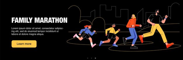Familienmarathon Web-Banner Einladung zum Laufen im Freien körperliche Aktivität für Eltern und Kinder Joggen Sportwettbewerb Charaktere gesunder Lebensstil Strichzeichnungen flache Vektorgrafiken