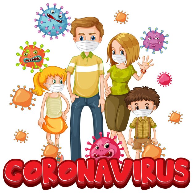 Kostenloser Vektor familienmitglieder tragen maske mit coronavirus-schriftart