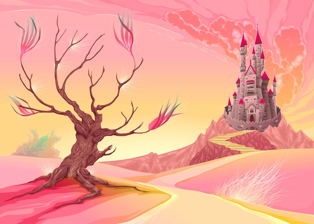 Fantasielandschaft mit schloss cartoon vektor-illustration