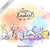 Fantastische ostern hintergrund mit eiern und kaninchen in aquarell-stil