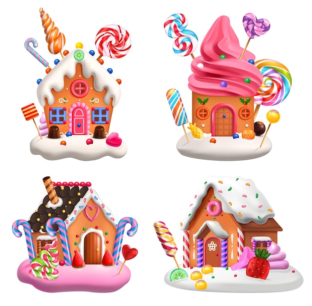 Kostenloser Vektor fantasy sweet world 2x2 design-konzept-set aus vier isolierten cartoon-farbigen lebkuchenhäusern auf weißem hintergrund realistische vektorillustration