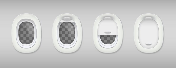 Kostenlose Vektor farbige bullauge realistische zusammensetzung vier bullaugen im flugzeug geschlossen und offen