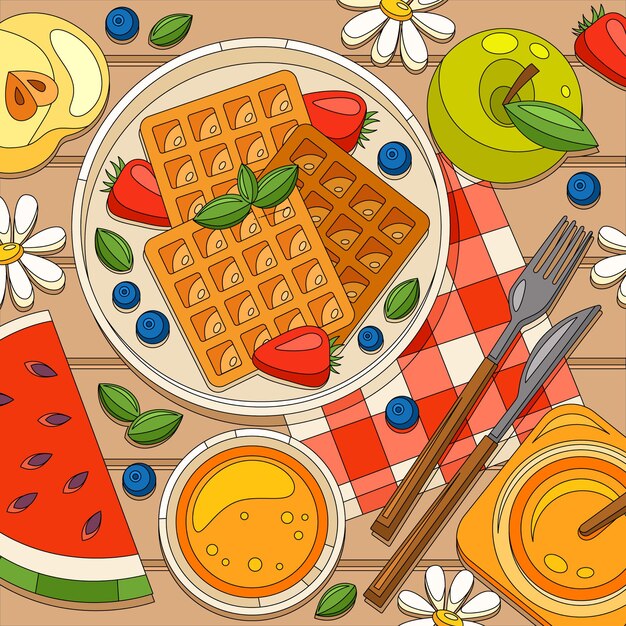 Farbige Frühstückswaffeln-Komposition mit Draufsicht auf den hölzernen Esstisch mit Obstscheiben und Honig