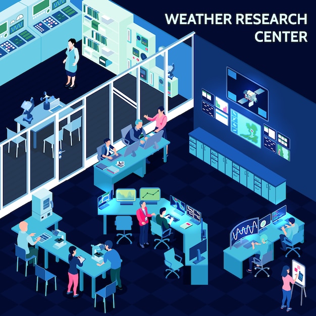 Kostenloser Vektor farbige isometrische meteorologische wetterzentrumszusammensetzung mit büro in der art des offenen raumes