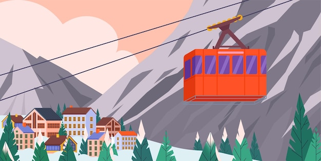 Kostenloser Vektor farbige landschaft seilbahn zusammensetzung seilbahn schickt gruppen auf die spitze der berge vor dem hintergrund von stadtlandschaft vektor-illustration