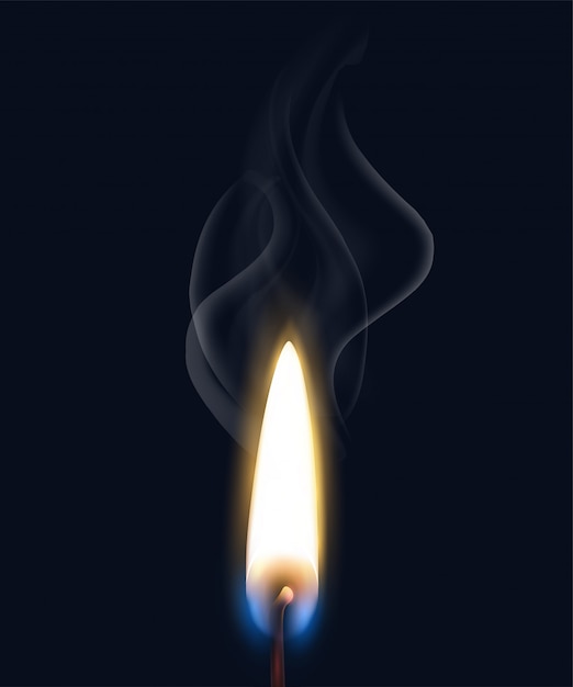 Farbige lokalisierte realistische brennende Flammenrauchzusammensetzung mit realistischer Matchflamme auf schwarzer Hintergrundillustration